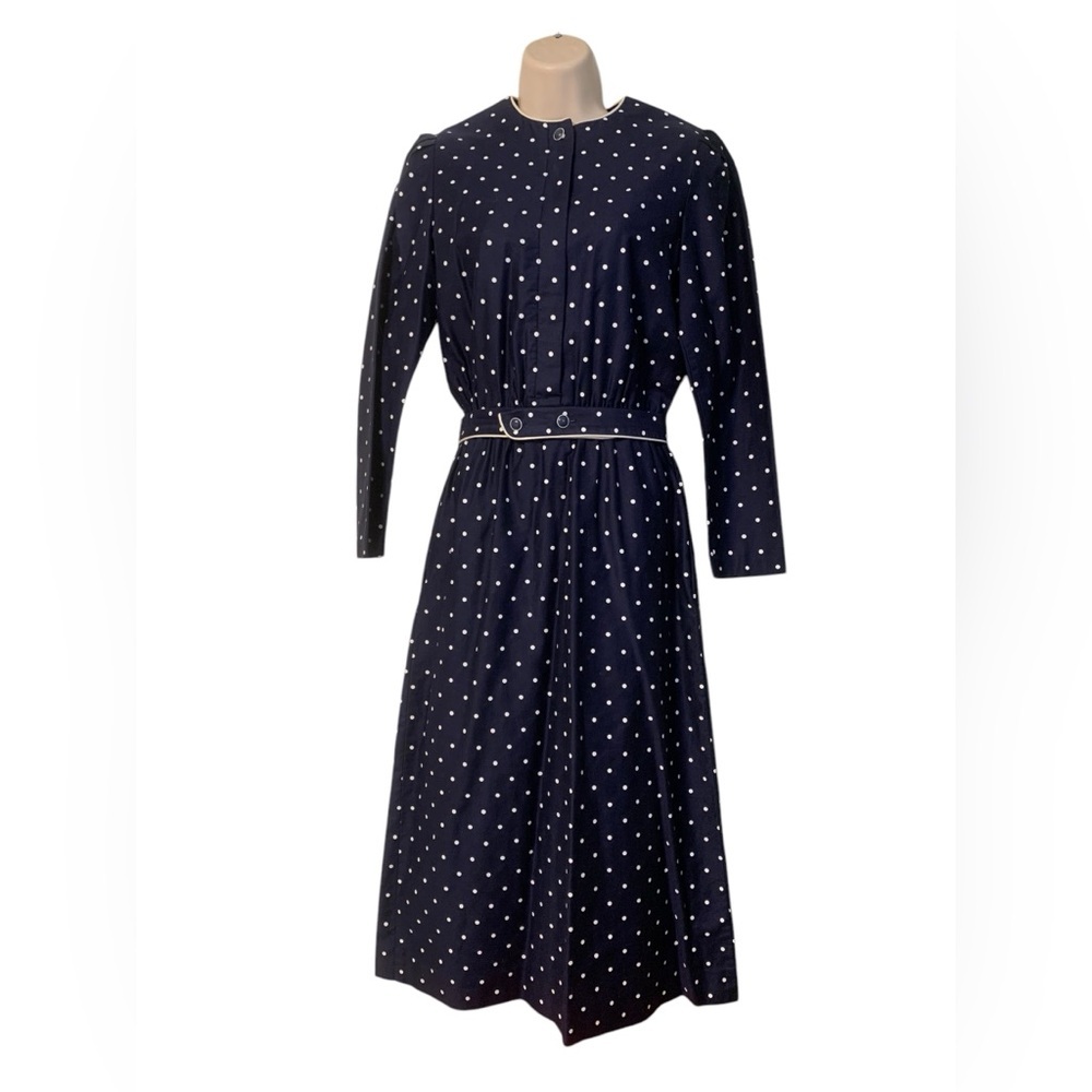 Vntg 80’s Lanz Originals navy blue and white polka dot dress with belt size 6